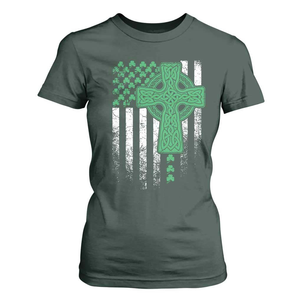 St Patricks Day American Flag T Shirt For Women Celtic Cross Shamrocks TS10 Dark Forest Green Print Your Wear