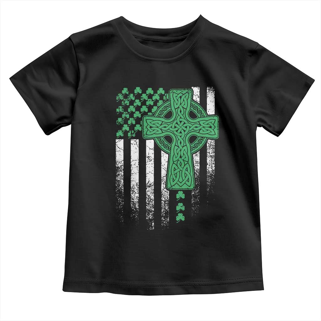 St Patricks Day American Flag Toddler T Shirt Celtic Cross Shamrocks TS10 Black Print Your Wear