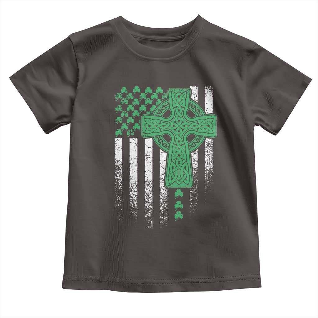 St Patricks Day American Flag Toddler T Shirt Celtic Cross Shamrocks TS10 Dark Chocolate Print Your Wear