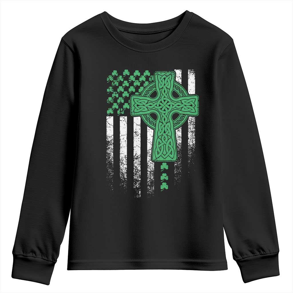 St Patricks Day American Flag Youth Sweatshirt Celtic Cross Shamrocks TS10 Black Print Your Wear