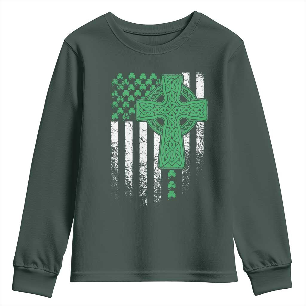 St Patricks Day American Flag Youth Sweatshirt Celtic Cross Shamrocks TS10 Dark Forest Green Print Your Wear