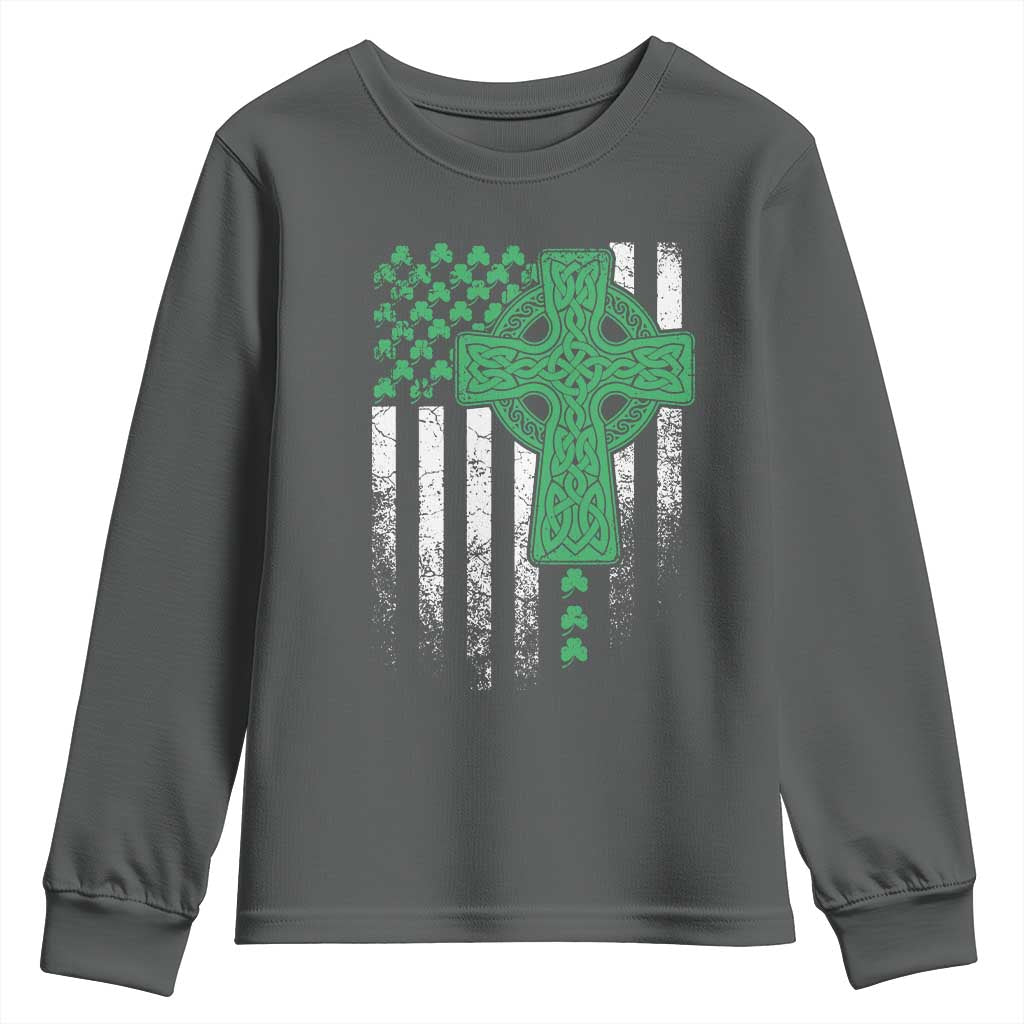 St Patricks Day American Flag Youth Sweatshirt Celtic Cross Shamrocks TS10 Dark Heather Print Your Wear