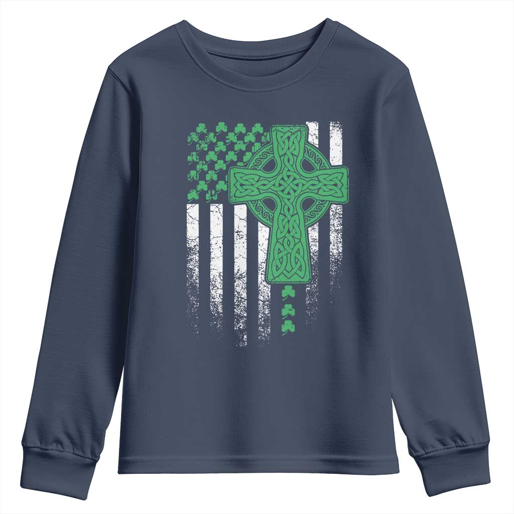 St Patricks Day American Flag Youth Sweatshirt Celtic Cross Shamrocks TS10 Navy Print Your Wear