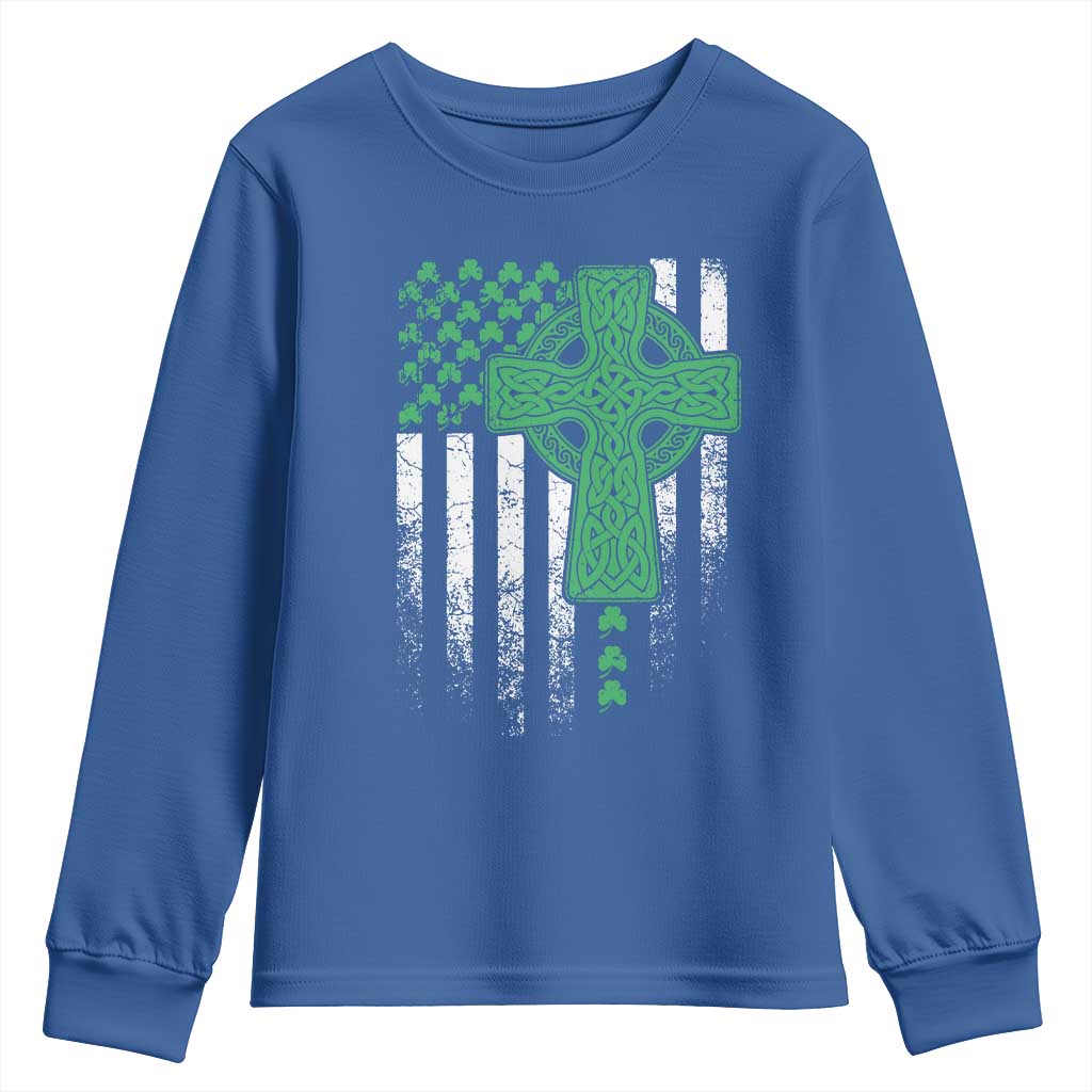 St Patricks Day American Flag Youth Sweatshirt Celtic Cross Shamrocks TS10 Royal Blue Print Your Wear