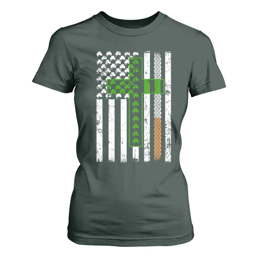 American Flag Shamrocks St Patricks Day T Shirt For Women Vintage Irish USA TS10 Dark Forest Green Print Your Wear