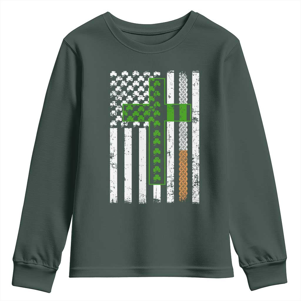 American Flag Shamrocks St Patricks Day Youth Sweatshirt Vintage Irish USA TS10 Dark Forest Green Print Your Wear