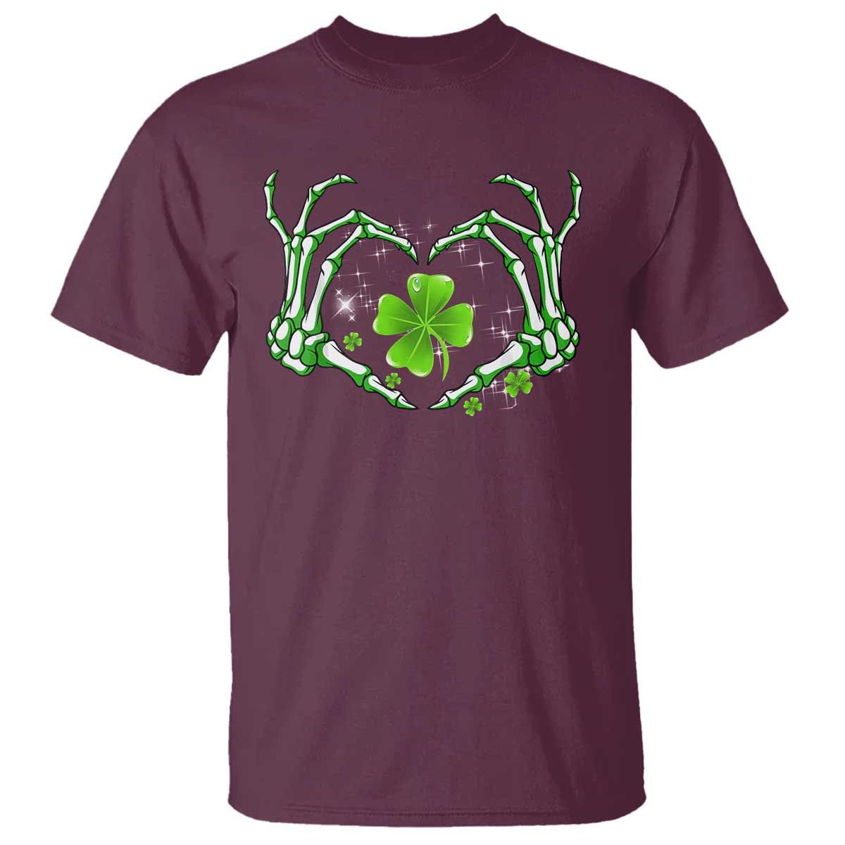 Skeleton Hand Heart Shamrock St Patricks Day T Shirt TS10 Maroon Print Your Wear