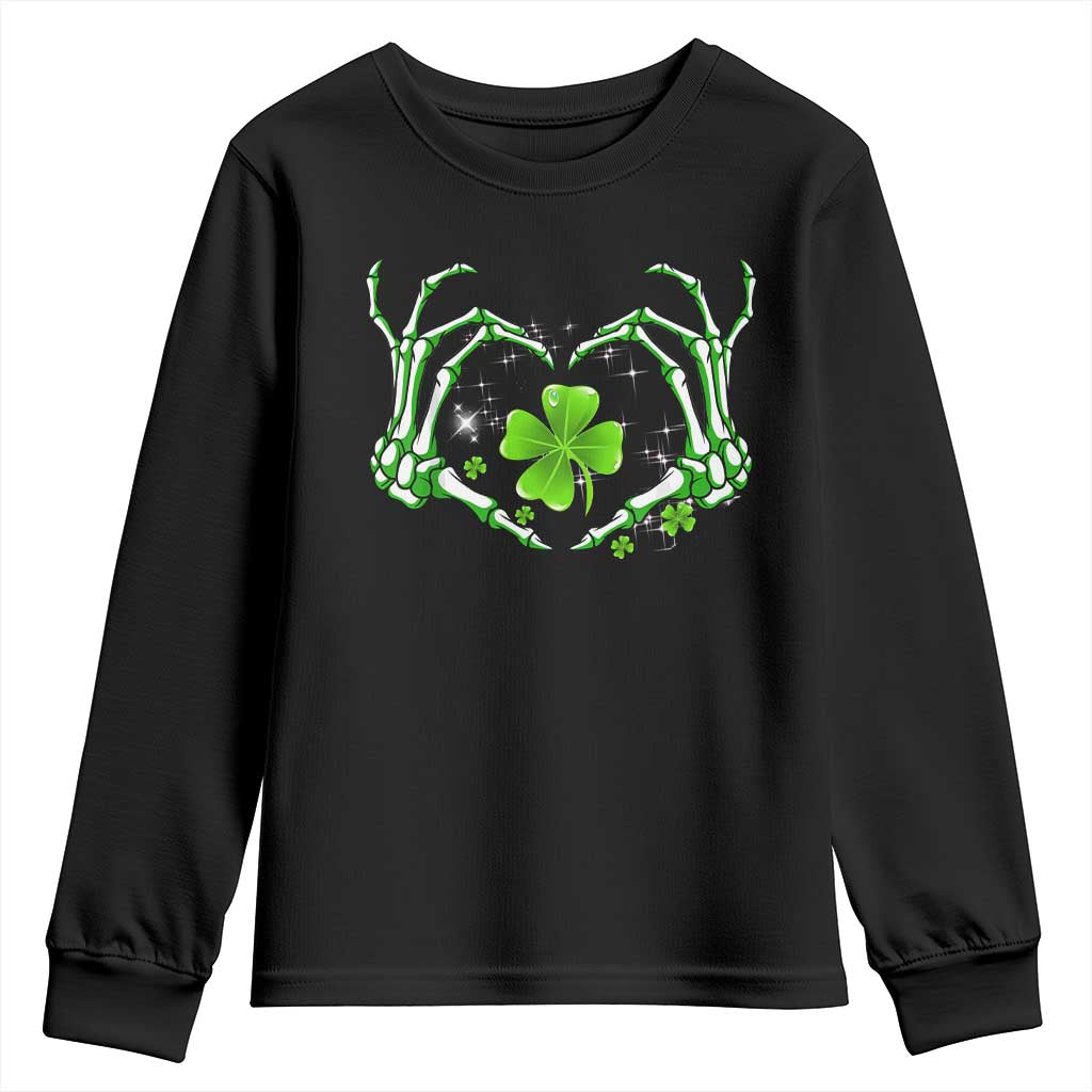 Skeleton Hand Heart Shamrock St Patricks Day Youth Sweatshirt TS10 Black Print Your Wear