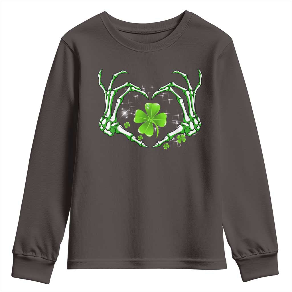 Skeleton Hand Heart Shamrock St Patricks Day Youth Sweatshirt TS10 Dark Chocolate Print Your Wear