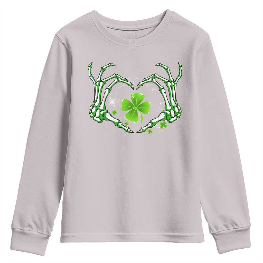 Skeleton Hand Heart Shamrock St Patricks Day Youth Sweatshirt TS10 Ice Gray Print Your Wear