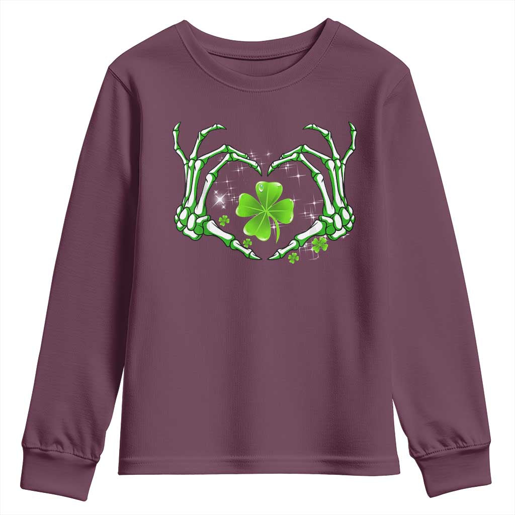 Skeleton Hand Heart Shamrock St Patricks Day Youth Sweatshirt TS10 Maroon Print Your Wear