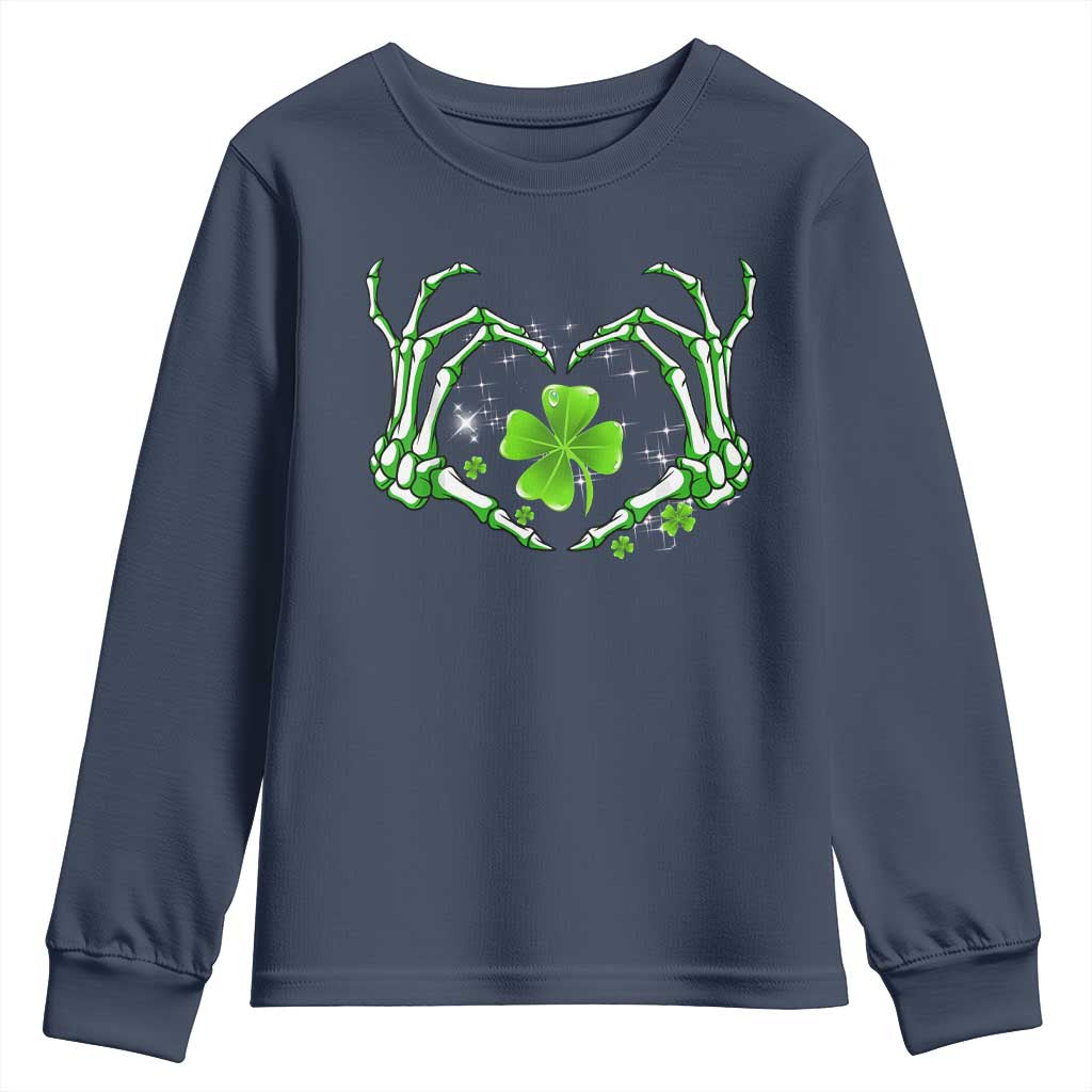 Skeleton Hand Heart Shamrock St Patricks Day Youth Sweatshirt TS10 Navy Print Your Wear