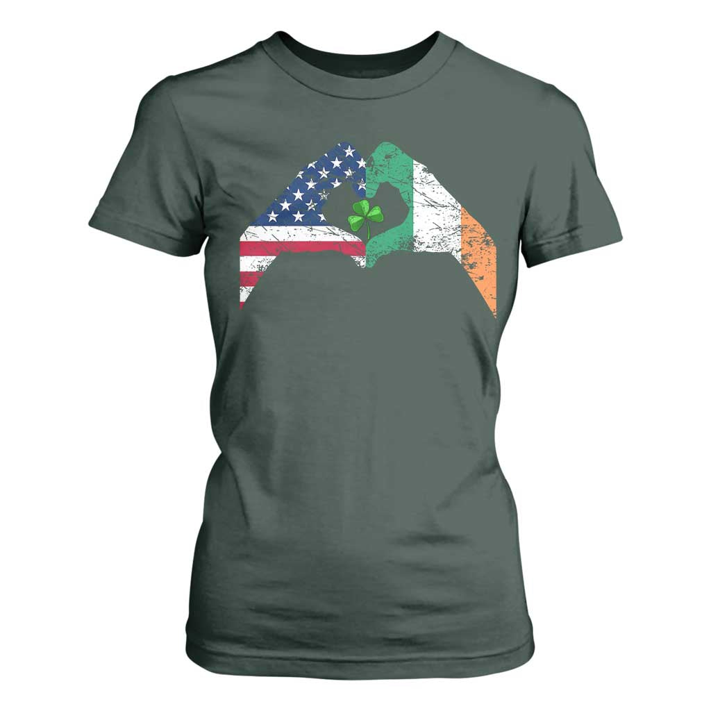 America Ireland Flag T Shirt For Women Lucky Shamrock Vintage American Irish Roots TS10 Dark Forest Green Print Your Wear