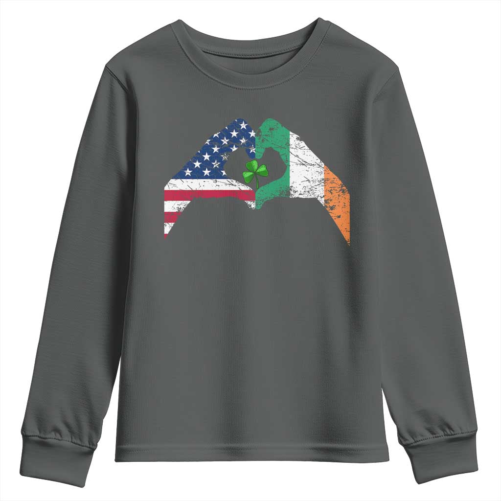 America Ireland Flag Youth Sweatshirt Lucky Shamrock Vintage American Irish Roots TS10 Dark Heather Print Your Wear
