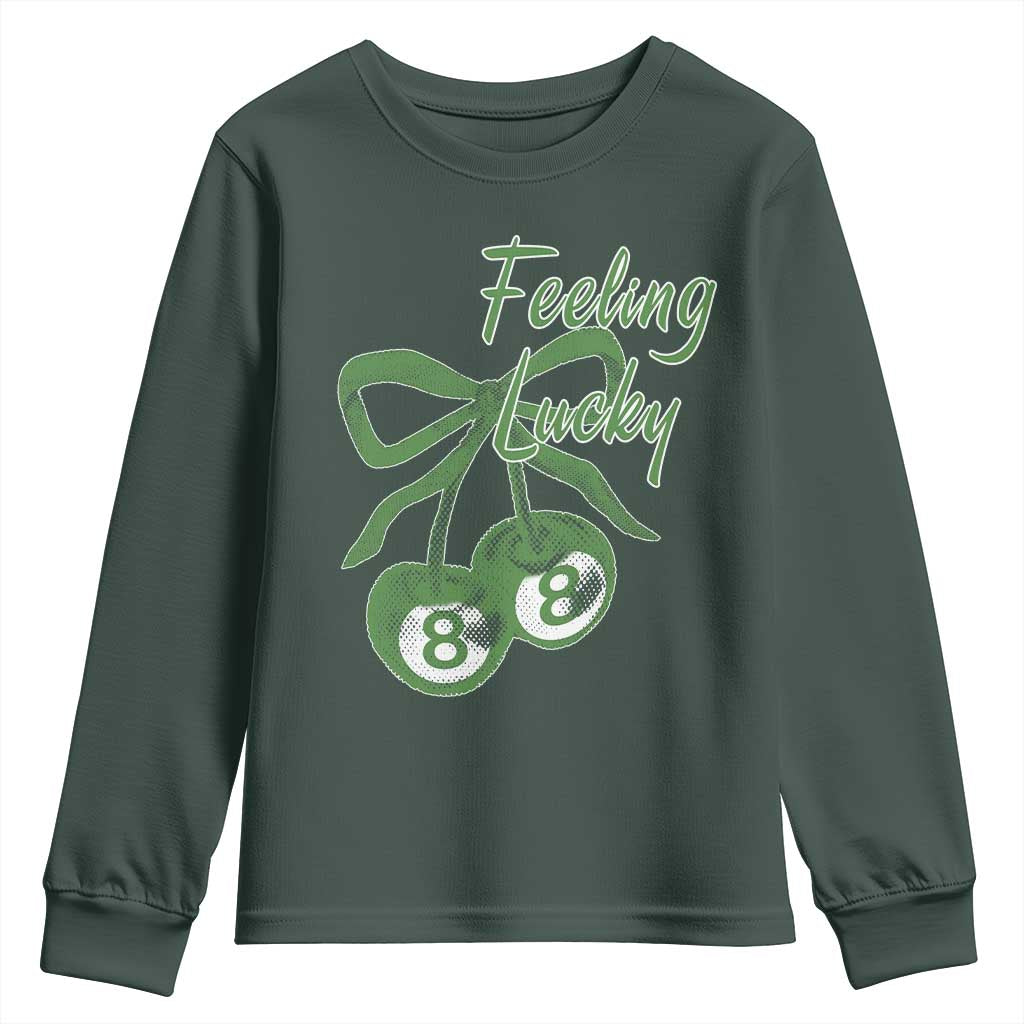 Cherry 8 Ball Youth Sweatshirt Feeling Lucky Girl Syndrome Coquette St Patricks Day TS10 Dark Forest Green Print Your Wear