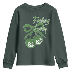 Cherry 8 Ball Youth Sweatshirt Feeling Lucky Girl Syndrome Coquette St Patricks Day TS10 Dark Forest Green Print Your Wear