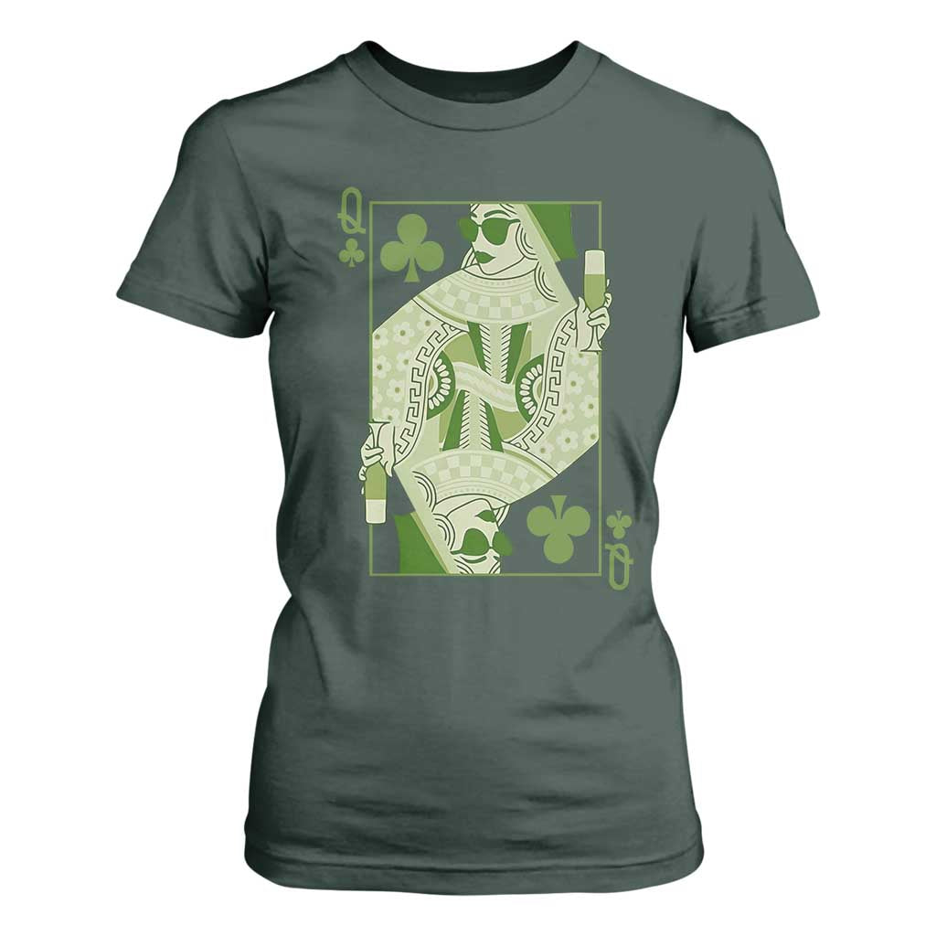 St. Patrick's Day Pub T Shirt For Women Queen of Clubs Fun Green Pub TS10 Dark Forest Green Print Your Wear