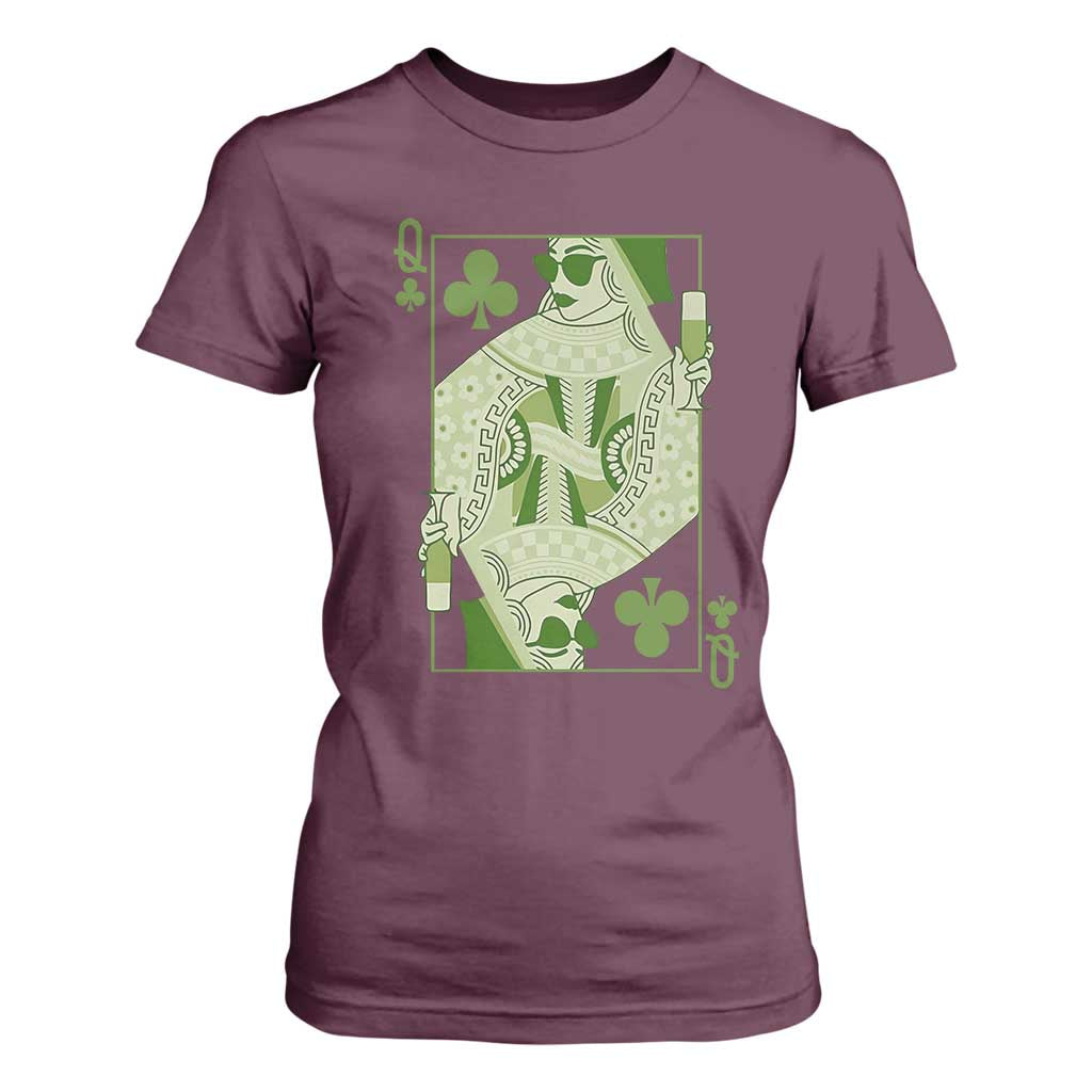St. Patrick's Day Pub T Shirt For Women Queen of Clubs Fun Green Pub TS10 Maroon Print Your Wear