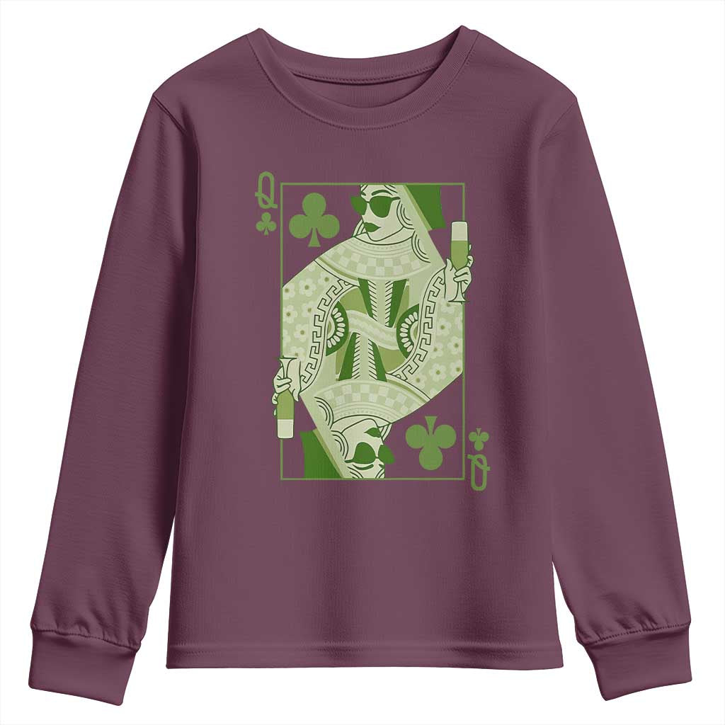 St. Patrick's Day Pub Youth Sweatshirt Queen of Clubs Fun Green Pub TS10 Maroon Print Your Wear