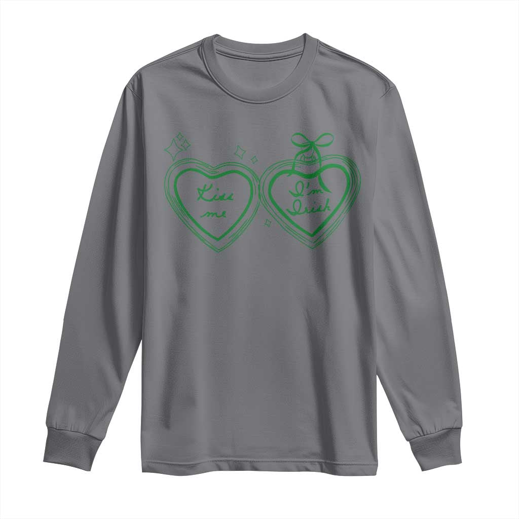 Kiss Me I'm Irish Long Sleeve Shirt Green Heart Locket St. Patrick's Day Pride TS10 Charcoal Print Your Wear