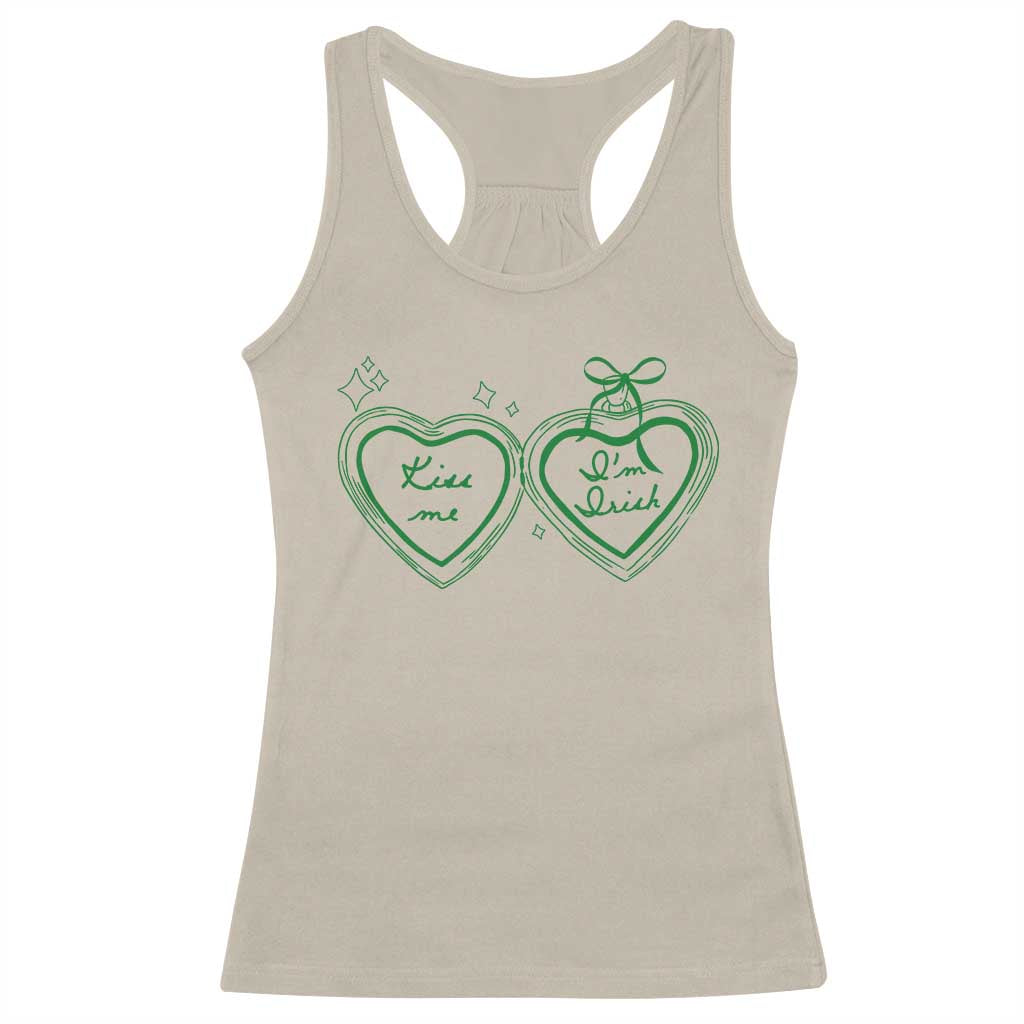 Kiss Me I'm Irish Racerback Tank Top Green Heart Locket St. Patrick's Day Pride TS10 Sand Print Your Wear