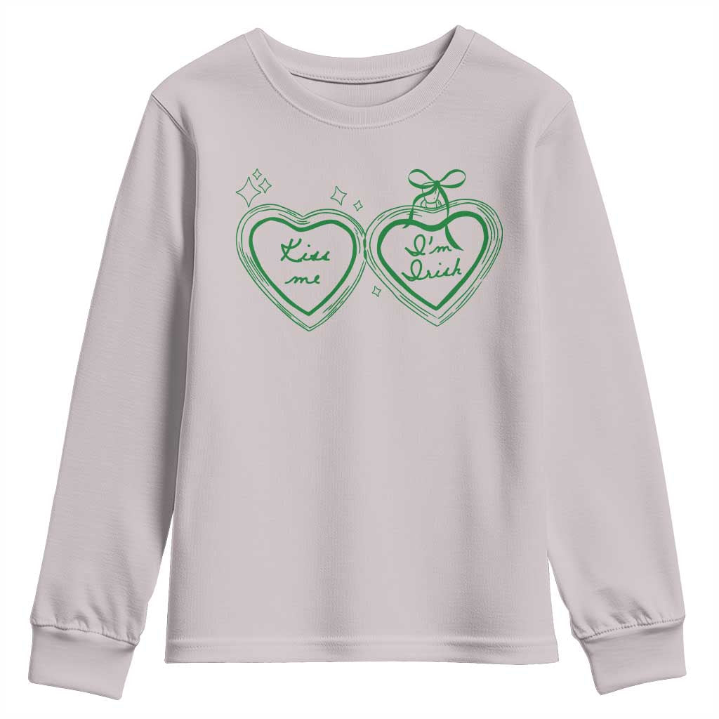 Kiss Me I'm Irish Youth Sweatshirt Green Heart Locket St. Patrick's Day Pride TS10 Ice Gray Print Your Wear