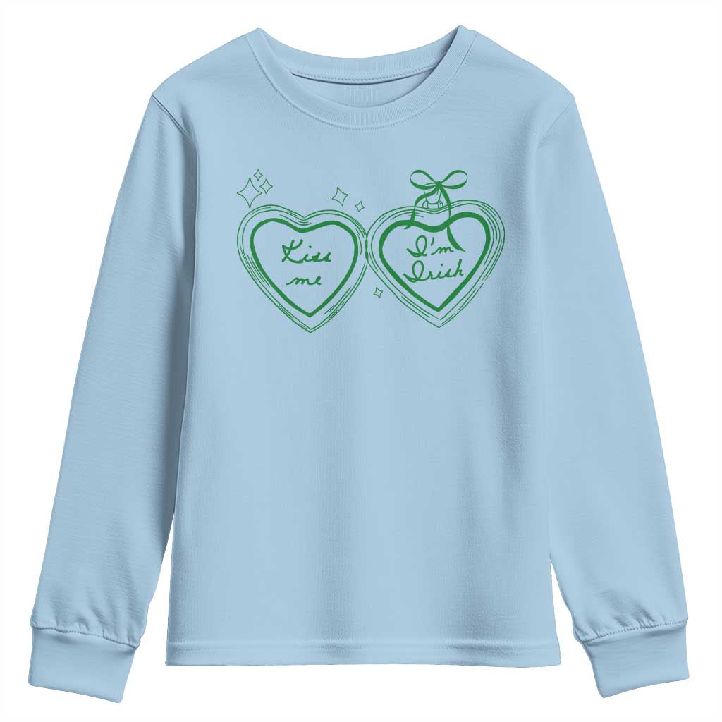Kiss Me I'm Irish Youth Sweatshirt Green Heart Locket St. Patrick's Day Pride TS10 Light Blue Print Your Wear
