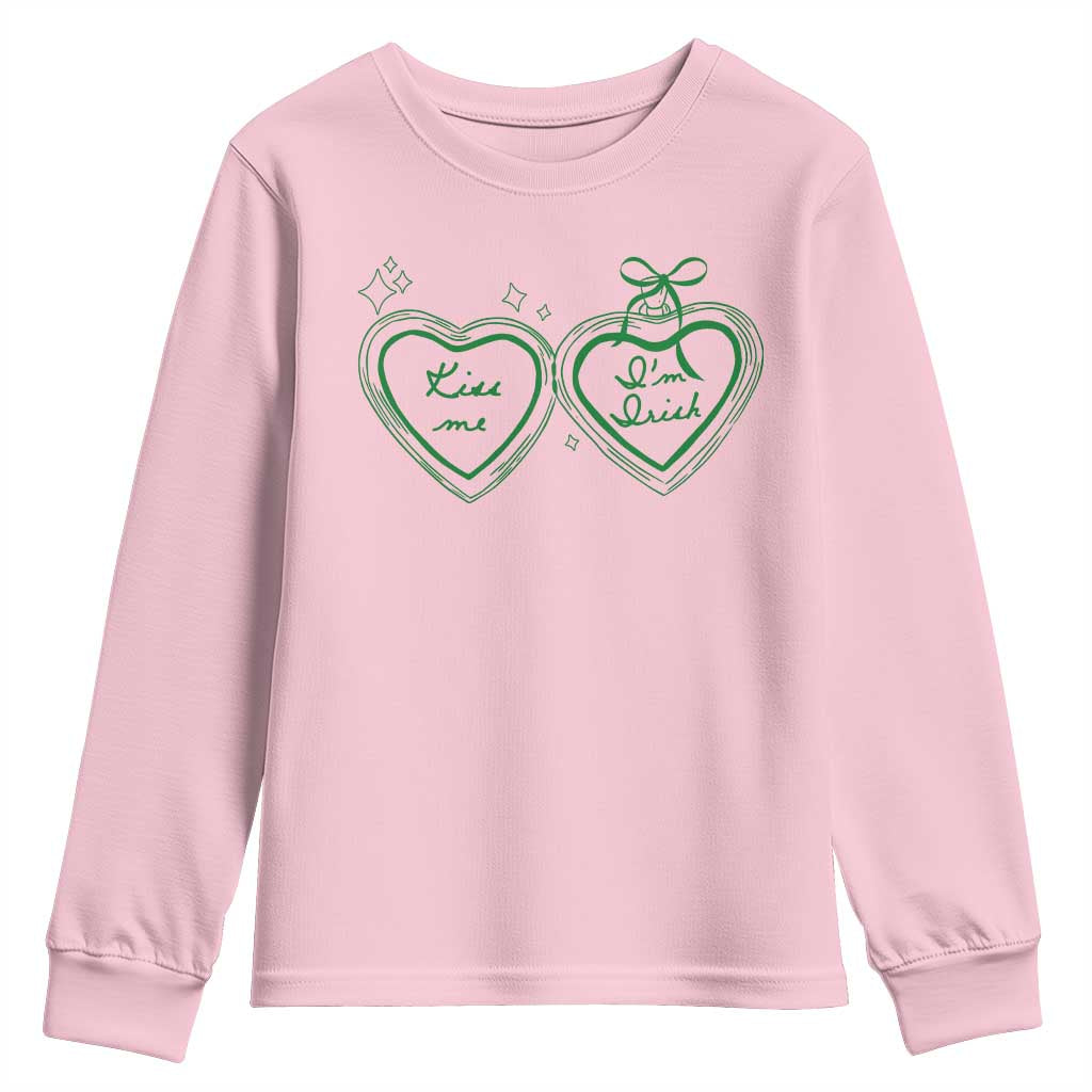 Kiss Me I'm Irish Youth Sweatshirt Green Heart Locket St. Patrick's Day Pride TS10 Light Pink Print Your Wear