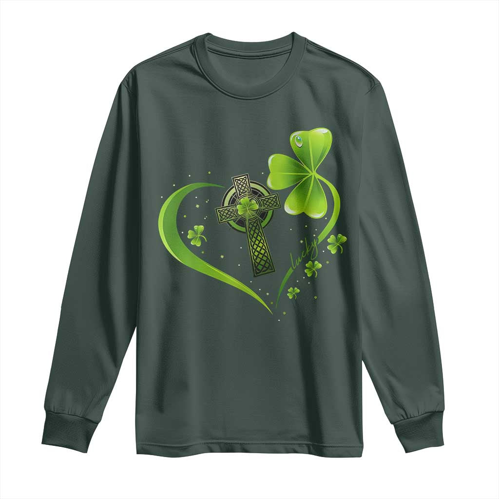 St Patricks Day Long Sleeve Shirt Lucky Clover Irish Shamrock Celtic Cross TS10 Dark Forest Green Print Your Wear
