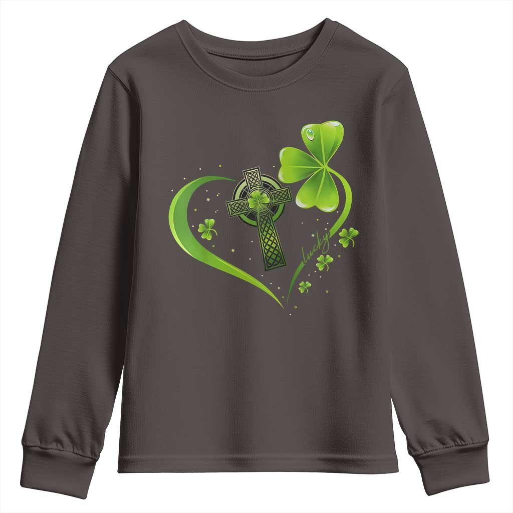 St Patricks Day Youth Sweatshirt Lucky Clover Irish Shamrock Celtic Cross TS10 Dark Chocolate Print Your Wear