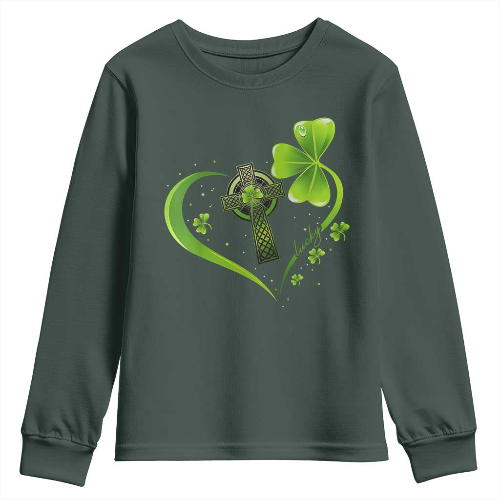 St Patricks Day Youth Sweatshirt Lucky Clover Irish Shamrock Celtic Cross TS10 Dark Forest Green Print Your Wear