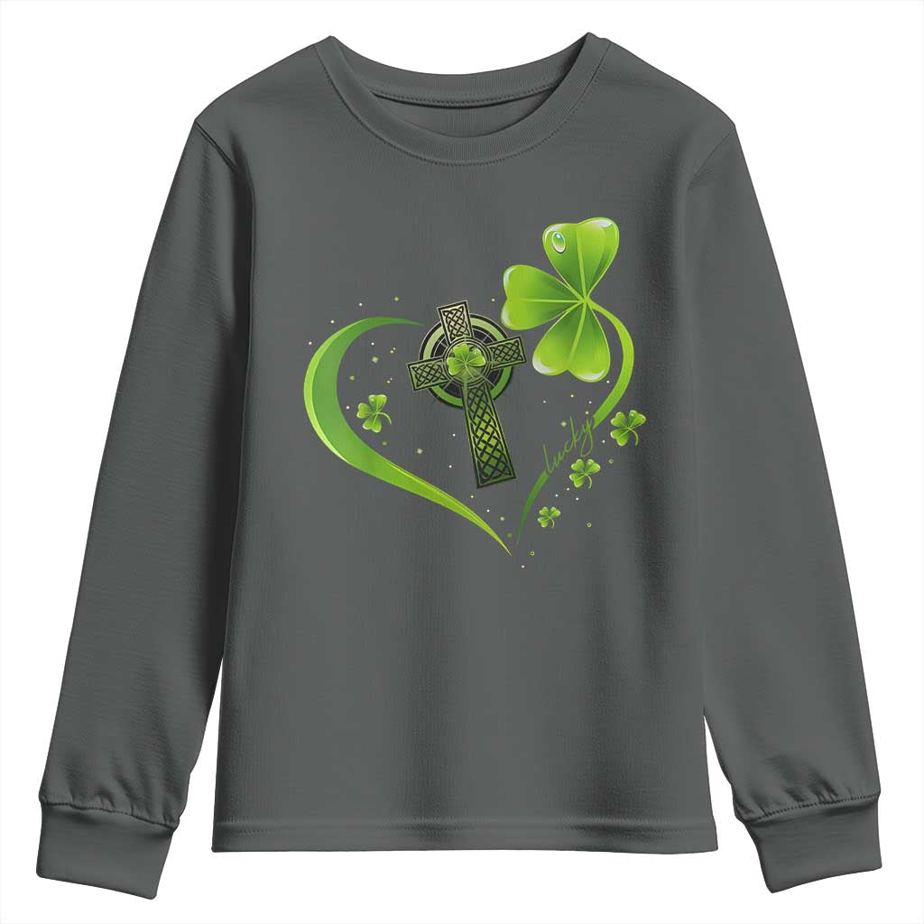 St Patricks Day Youth Sweatshirt Lucky Clover Irish Shamrock Celtic Cross TS10 Dark Heather Print Your Wear