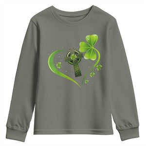 St Patricks Day Youth Sweatshirt Lucky Clover Irish Shamrock Celtic Cross TS10 Military Green Print Your Wear