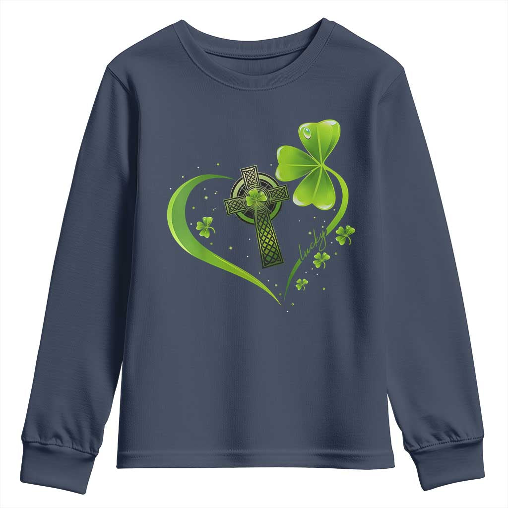 St Patricks Day Youth Sweatshirt Lucky Clover Irish Shamrock Celtic Cross TS10 Navy Print Your Wear