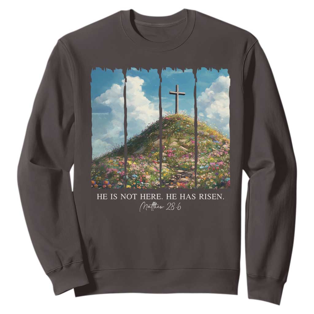Christian Easter Sweatshirt He Is Not Here He Has Risen TS10 Dark Chocolate Print Your Wear