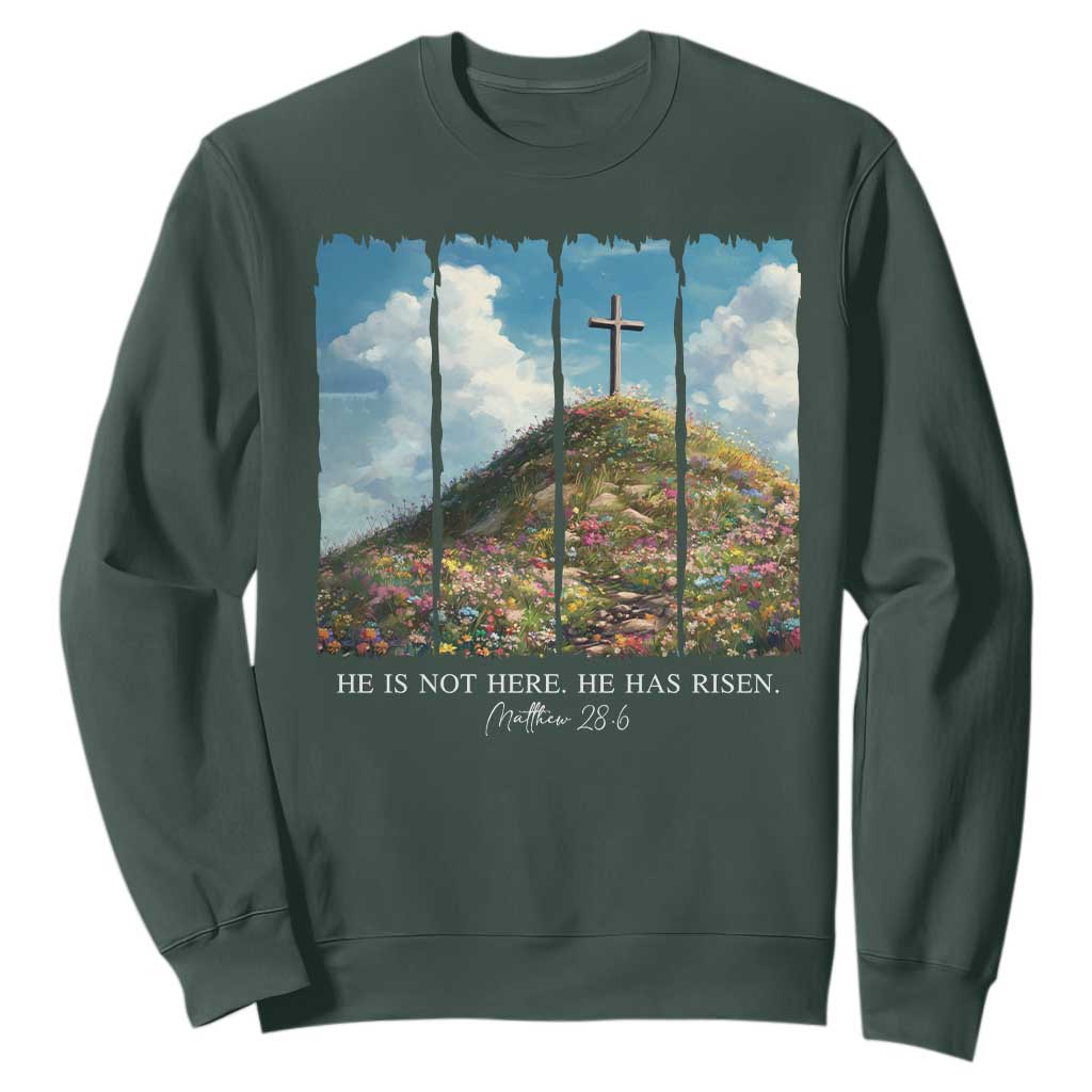 Christian Easter Sweatshirt He Is Not Here He Has Risen TS10 Dark Forest Green Print Your Wear
