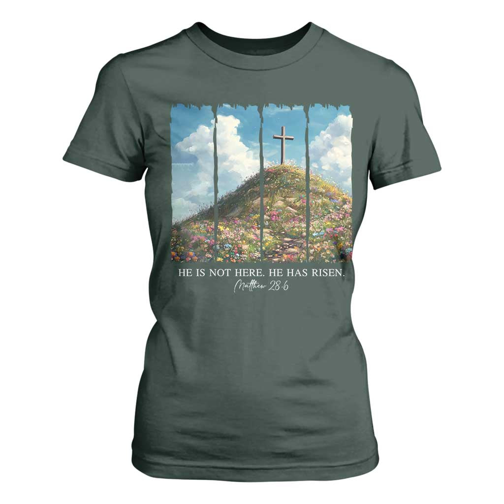 Christian Easter T Shirt For Women He Is Not Here He Has Risen TS10 Dark Forest Green Print Your Wear