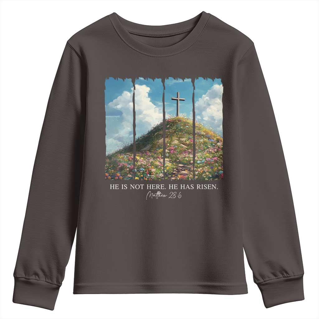 Christian Easter Youth Sweatshirt He Is Not Here He Has Risen TS10 Dark Chocolate Print Your Wear