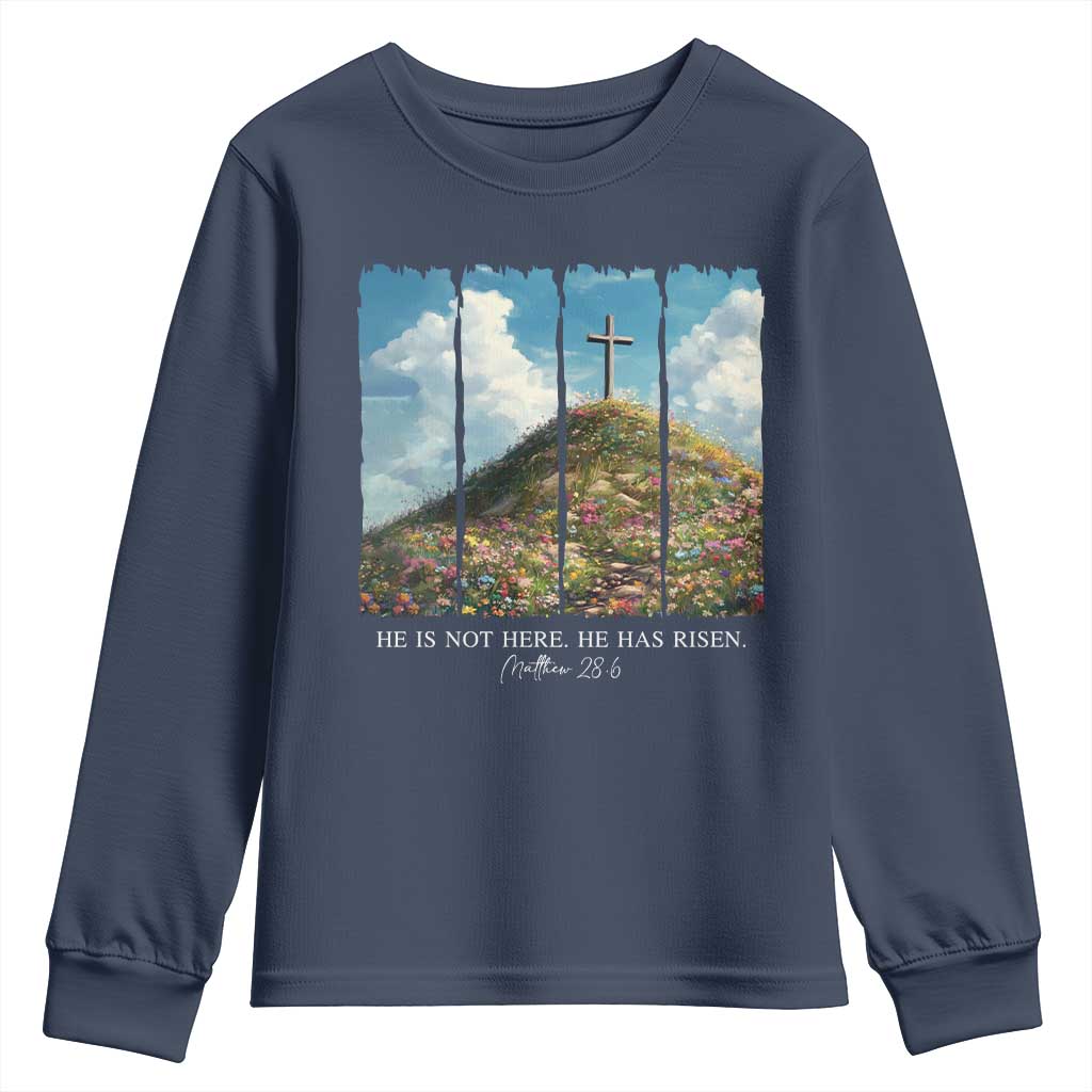 Christian Easter Youth Sweatshirt He Is Not Here He Has Risen TS10 Navy Print Your Wear