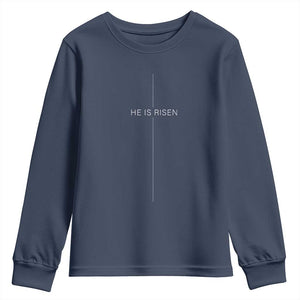 Easter Cross He Is Risen Youth Sweatshirt Cross Subtle Christian Minimal Religious Faith Jesus TS10 Navy Print Your Wear