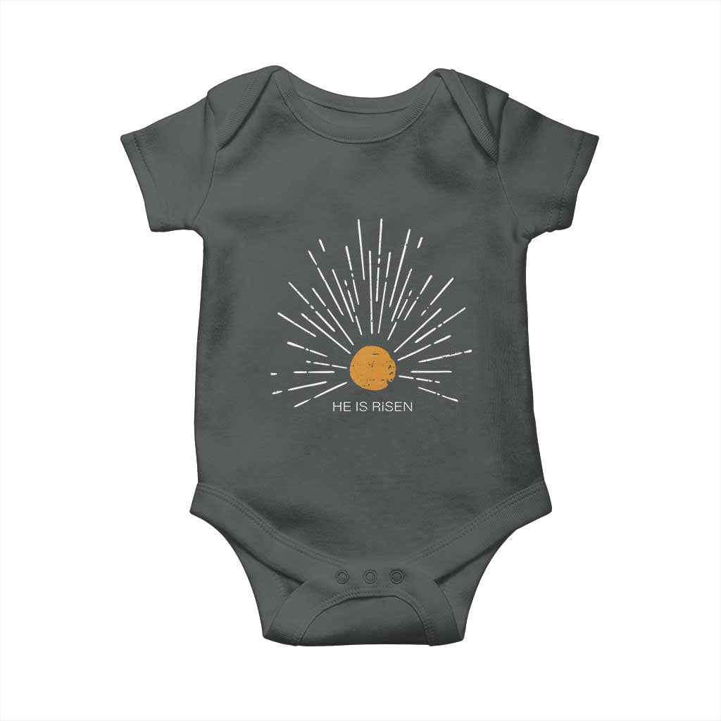 He Is Risen Baby Onesie Sunburst Vintage Jesus Religious Easter Day Christians TS10 Dark Heather Print Your Wear