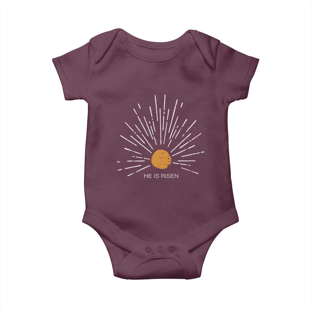 He Is Risen Baby Onesie Sunburst Vintage Jesus Religious Easter Day Christians TS10 Maroon Print Your Wear