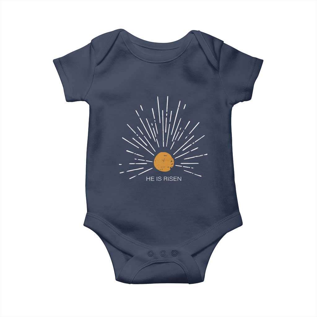 He Is Risen Baby Onesie Sunburst Vintage Jesus Religious Easter Day Christians TS10 Navy Print Your Wear