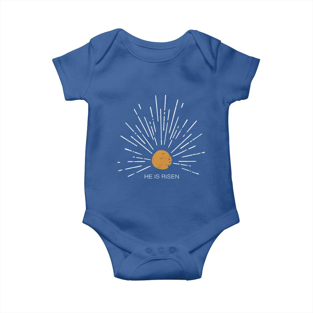 He Is Risen Baby Onesie Sunburst Vintage Jesus Religious Easter Day Christians TS10 Royal Blue Print Your Wear