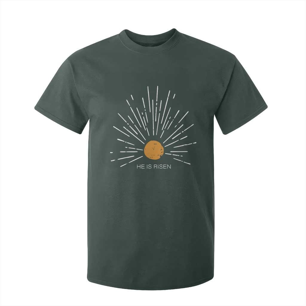 He Is Risen T Shirt For Kid Sunburst Vintage Jesus Religious Easter Day Christians TS10 Dark Forest Green Print Your Wear