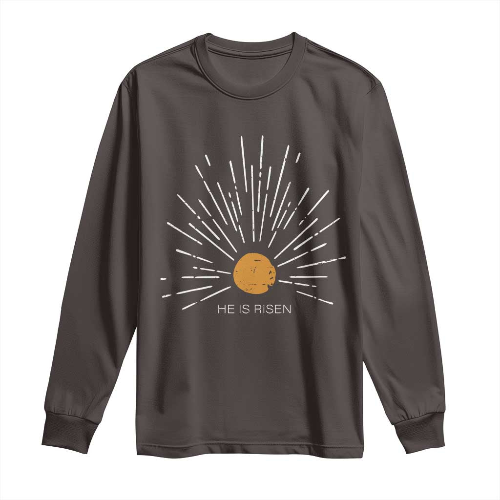 He Is Risen Long Sleeve Shirt Sunburst Vintage Jesus Religious Easter Day Christians TS10 Dark Chocolate Print Your Wear