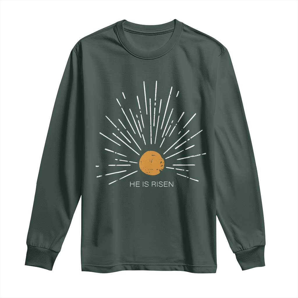He Is Risen Long Sleeve Shirt Sunburst Vintage Jesus Religious Easter Day Christians TS10 Dark Forest Green Print Your Wear