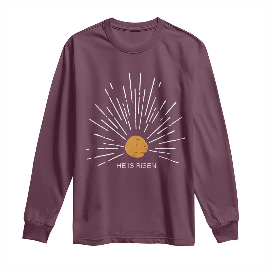 He Is Risen Long Sleeve Shirt Sunburst Vintage Jesus Religious Easter Day Christians TS10 Maroon Print Your Wear