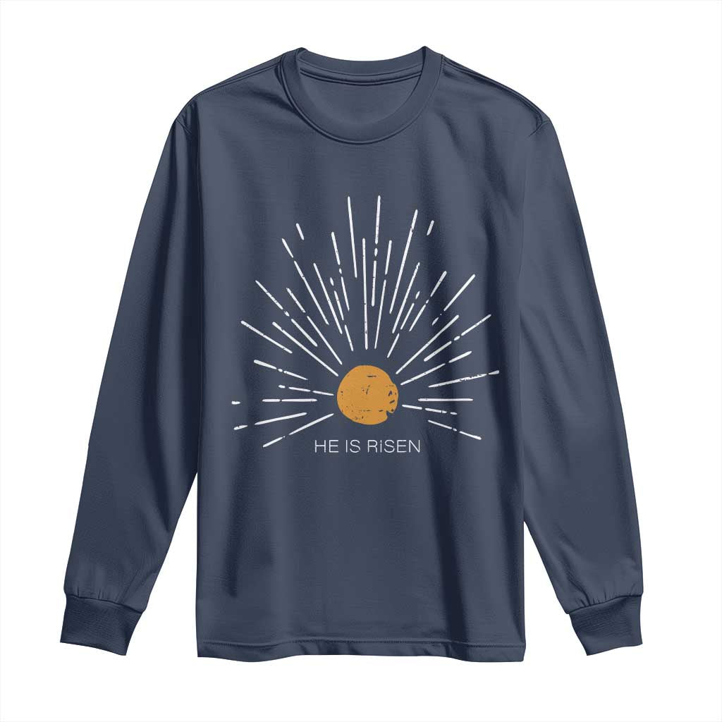 He Is Risen Long Sleeve Shirt Sunburst Vintage Jesus Religious Easter Day Christians TS10 Navy Print Your Wear