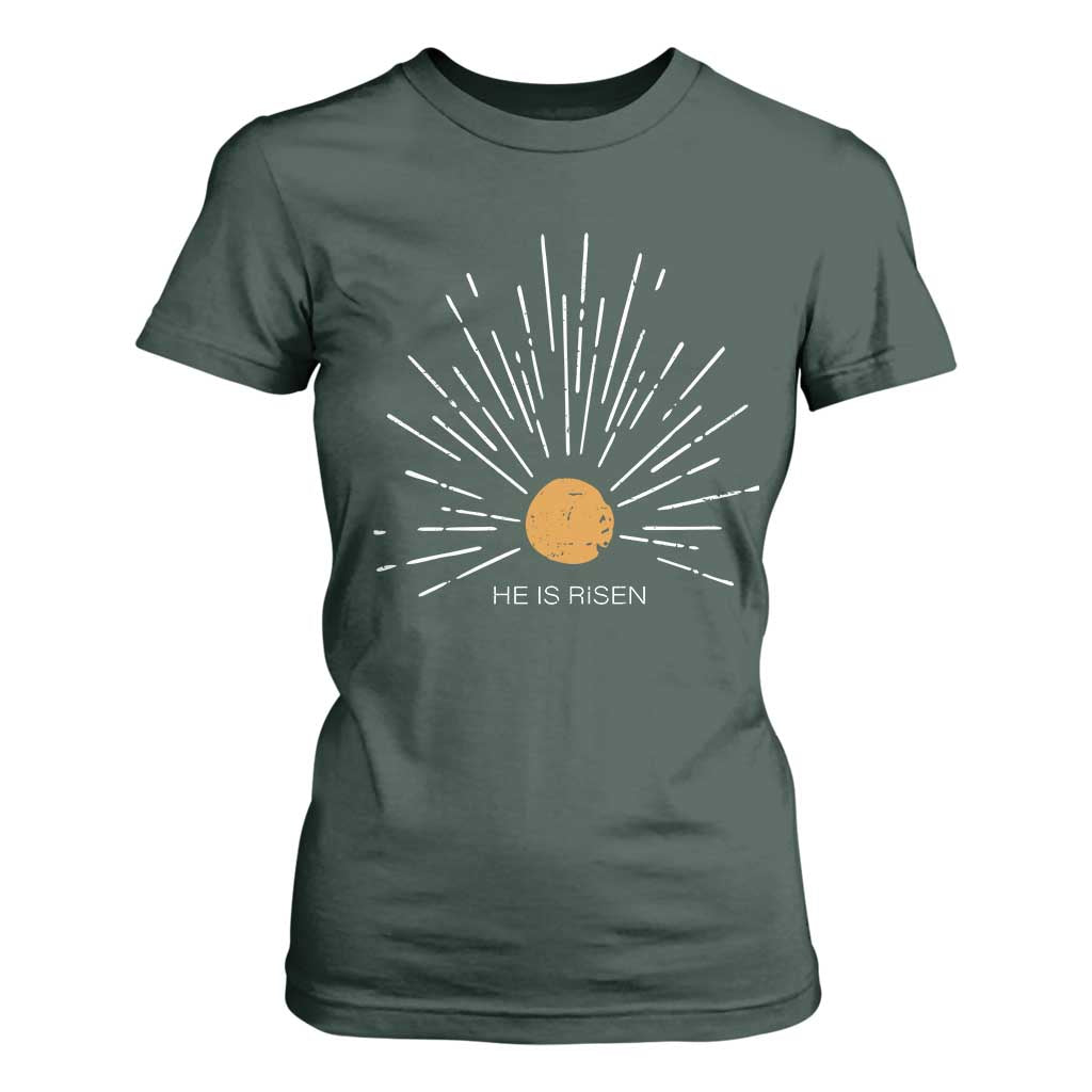 He Is Risen T Shirt For Women Sunburst Vintage Jesus Religious Easter Day Christians TS10 Dark Forest Green Print Your Wear
